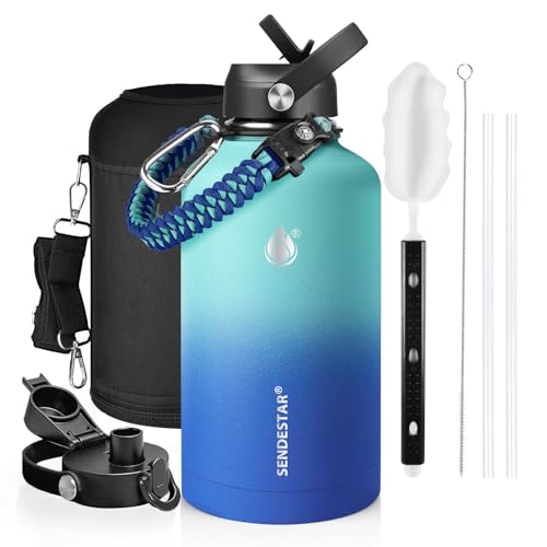 Image of One Gallon Insulated Water Bottle, Triple Wall 128 oz Stainless Steel Wide Mouth Water Bottles (Cold for 48 Hrs), Leak Proof, Non-BPA, Large Water Flask Jug with Paracord Handle & Straw Spout Lids