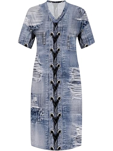 Image of SUZONANA Plus Size Denim Print Maxi Dresses for Women Casual V Neck Short Sleeve with Pockets Soft Jean Look Dress XL-6XL