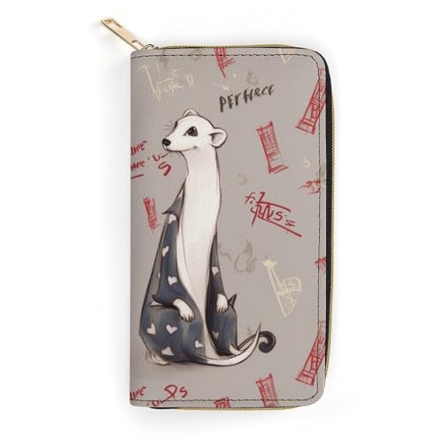 French Fashion Model Ferrets Print Long Wallet for Women Men PU Leather Card Holder Organizer with Zipper Coin Pocket & Cash Slots
