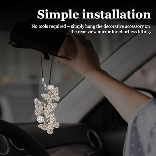 Hbxdeco Bling Butterfly Diamond Car Hanging Accessories for Women, Butterfly Rear View Mirror Hanging Ornament, Crystal Rhinestone Lucky Car Charms, Vehicle Interior Pendant Decoration Gift (White) - Thumbnail 6