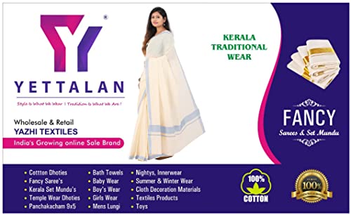 Image of Women's Kerala Traditional Cotton Kasavu Saree with Running Blouse | Sari for Weddings, Festivals, Temple Visits, Onam Vishu & Regular Wear