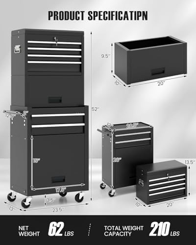 Image of Goplus 6 Drawers Tool Chest, Rolling Metal Tool Box with Universal Wheels, Protective Liner, Detachable Top Toolbox, Auto Lock, 3-in-1 Large Tool Cabinet for Garage Shop Auto Repair