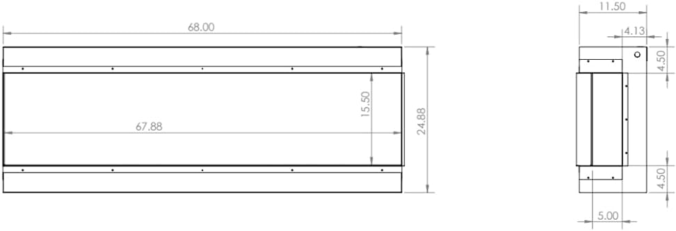 Additional dimensional diagram for the Modern Flames Redstone 36-Inch Electric Fireplace showing top and side profile kejl.