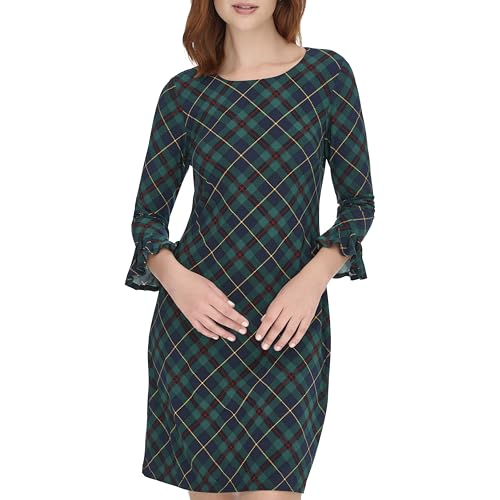 Image of Tommy Hilfiger Women's 3 /4 Ruffle Trim Sleeve Round Neck Jersey Shift Mini Dress