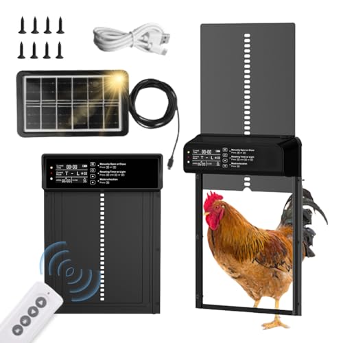 CHSEEO Automatic Chicken Coop Door Opener Solar Powered, Large for Run Chicken | LED Screen, Timer, Light Sensor, Manual & Remote Control, Anti-Pinch, Aluminum Alloy, Abnormally Open Close Auto Alarm