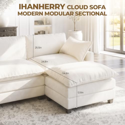 Image of 112 inch U-Shape Modular Sofa with 2 Ottomans, Deep Seat Cloud Convertible Sleeper, 2 Arm Pillows, Comfortable Upholstered Furniture for Living Room Apartment, Beige