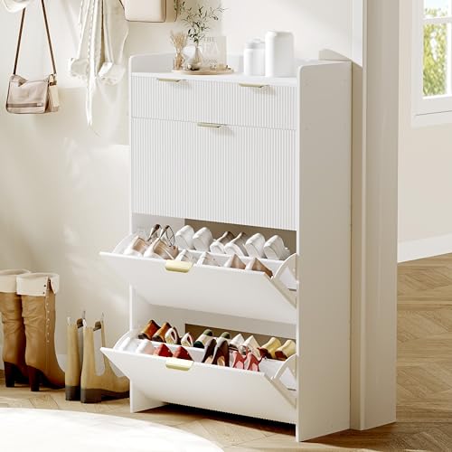 GarveeHome Wave Design Shoe Cabinet with 3 Slip Drawers, 2 Drawers, Raised Edges, Fluted Shoe Cabinet, Slim Hidden Shoe Organizer, Wooden Shoe Storage for Entryway, Front Door, Living Room, White