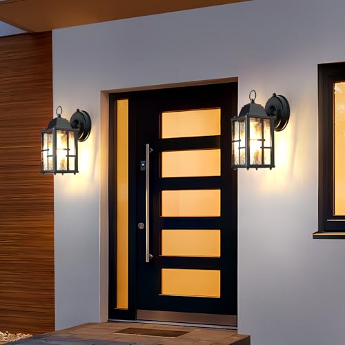 Image of OKELI Dusk to Dawn Outdoor Wall Lights, Exterior Waterproof Lantern, Front Porch Sconce Lighting with Water Ripple Glass Shade, Anti-Rust Wall Lamps Outside Lights for Garage (Black-SIZE-S-2pack)