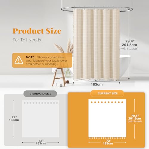 Image of BTTN 78 Inch Long Shower Curtain - Boho Farmhouse Linen Ultra Thick Fabric Shower Curtain Set with Plastic Hooks, Tall Rustic Modern Country Neutral Shower Curtains for Bathroom - Cream /Beige - 72x78