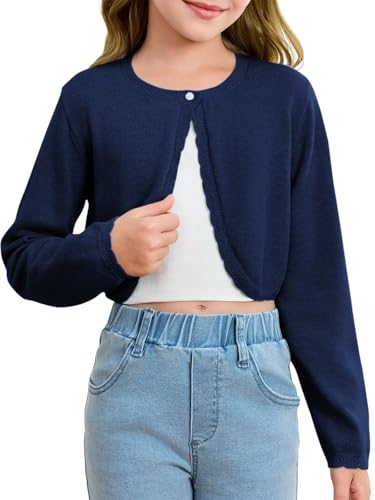 Girls Long Sleeve Bolero Cardigan Sweater Kids Cute Button Knit Shrug Cropped Sweaters Tops Navy Blue