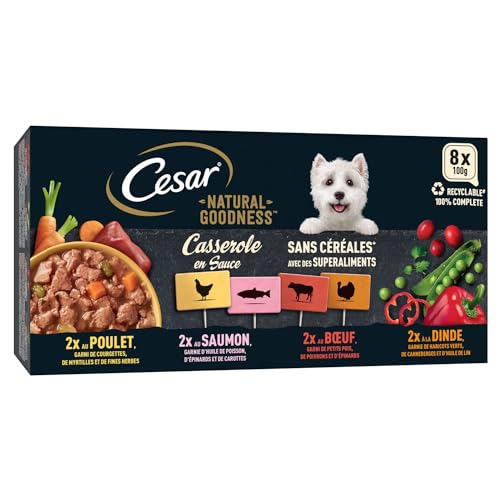 Cesar Barquettes Natural Goodness Casserole en Sauce – Nourriture Humide pour Chien – 4 variétés – Lot de 24 barquettes x 100 g