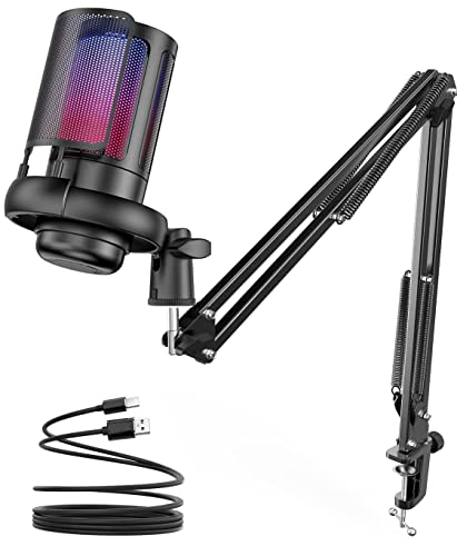 Kowell Store Gaming Microphone, USB PC Mic for Streaming, Podcasts, Recording, Condenser Computer Desktop Mic on Mac/PS4/PS5, with RGB Control, Mute Touch, Headphone Jack, Pop Filter