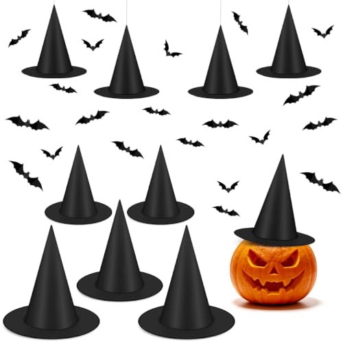 ZEXIAN 10 PCS thicken Nylon Witch Hats with 48 PCS 3D Bat Wall Decals & 150 FT Hanging Cord - Halloween Costume Accessories Cosplay Party Decor Carnival Supplies