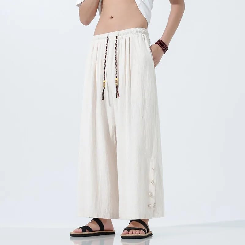 Cotton Linen Pants Mens Solid Color Casual Trousers Elastic Waist Loose Straight Leg Pants3