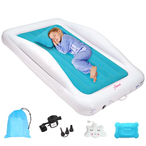 Inflatable Toddler Travel Bed With Electric Pump, Leakproof Air Mattress W/Reinforced Protective Bumpers, Includes Carry Case And Pillow, Fits Kids Up To 4Ft, For Camping & Sleepovers (Blue) #TOP5