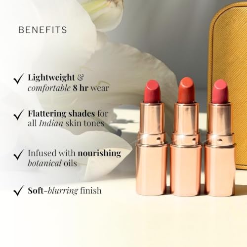 Image of RAS Luxury Oils Lumiere Satin Matte Mini Lipstick Set of 3 for women | Long Lasting Hydrating Satin Matte Lipsticks | Creamy Pigmented Mini Lipstick Trio | Travel Size Lipstick Set for women | Lightweight Lipstick