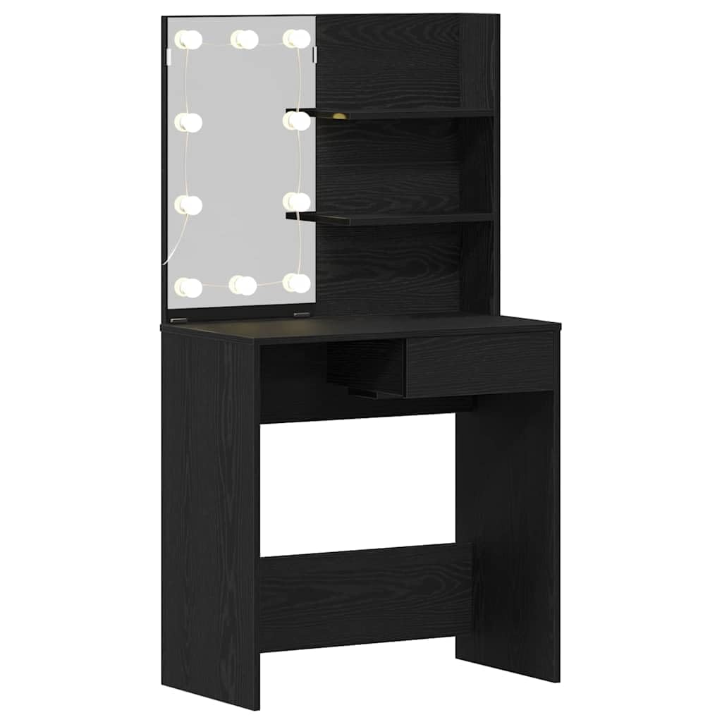 Schminktisch Schwarz Eichen-Optik Holzwerkstoff mit LED Beleuchtung und Flachspiegel 74,5 x 40 x 141 cm, Stauraum mit Schublade und Regal für Schlafzimmer, Makeup, Pflege und Organizer