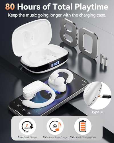 Image of LEEMC Wireless Earbuds, Bluetooth Headphones 5.4, 80Hr Playtime Ear Buds with Hooks for Sports, Noise Canceling, LED Display, IPX7 Waterproof Earphones for Workout Running, Purewhite
