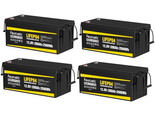 Image of 12V 200Ah LifePO4 Battery - 4 Pack Iron Phosphate 15000+ Cycle Lithium Battery with 200A BMS, Solar Energy Storage Batteries for RV, Marine, and Off-Grid Power - Long Lasting, Rechargeable