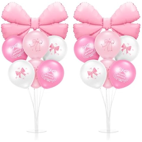Kasyat 2 Sets Pink Bow Birthday Party Decorations Pink Bow Balloon Centerpieces for Tables Coquette Birthday Pink and White Balloon Stand Kit for Bridal Princess Birthday Party Decorations Cover