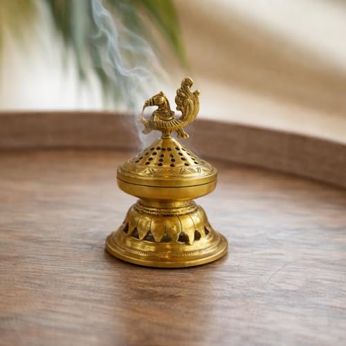 Image of ExclusiveLane 'Sacred Peacock' Brass Incense Burner (100% Pure Brass, 15.6 Cm, 0.98 Kg, Hand-Etched) | Sambrani Holder Loban Dhoop Dani Holder Dhoop Dani Loban Burner Stand