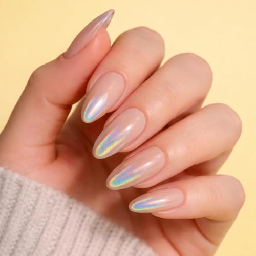 Image of 24 Pcs Reusable Artificial Nails Fake Nails with Glue and Kit |Holo Nude Muse Rainbow reflect Press On Nails | ABS Material UV Protected Long Lasting Finish | Reusable Customizable Nail Kit |Medium Almond Nails