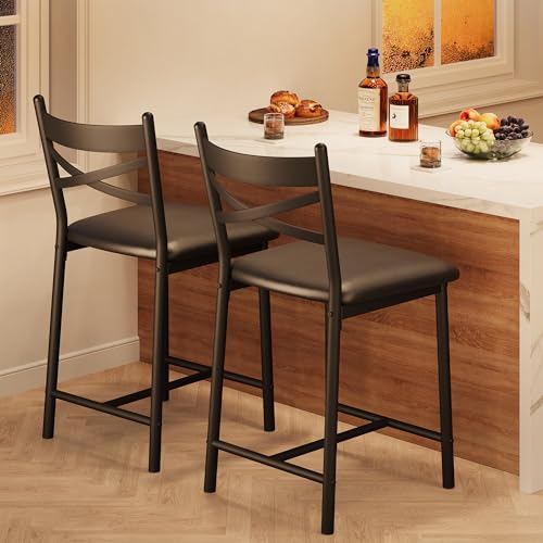 IDEALHOUSE Butacos Juego de 2, Sillas Tapizadas de Bar con Respaldo, Cojín Grueso, Altura de Mostrador para Isla de Cocina miniatura 1