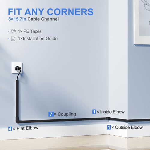 Yecaye 125in Black Cord Hider - One-Cord Channel Cord Cover on Wall - Cable Management Kit - Wire Covers for Cords - Cable Raceway - 8X L15.7in W0.59in H0.4in, CMC03 Black