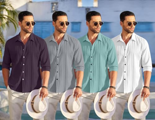 Image of FINIVO FASHION Combo of Men's Casual Cotton Plain Button Down Shirt Long Sleeve Textured Summer Beach Shirt for Men Pack of 4