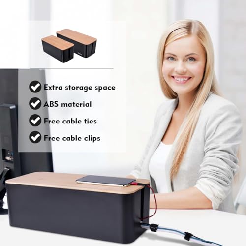Image of 2 Pack Large Cable Management Box - Wooden Style Cord Organizer Box and Cover for TV Wires, Computer, Router, USB Hub and Under Desk Power Strip - Safe ABS Material and Baby-Pets Proof Lock (Black)