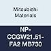 Mitsubishi Materials NP-CCGW21.51-FA2 MB730 CBN CC Type Petit Tip Positive Turning Insert with Hole, General Cutting Rhombic 80?, Grade MB730, FA Honing/No Wiper, 2 Tip, 0.016" Corner Radius