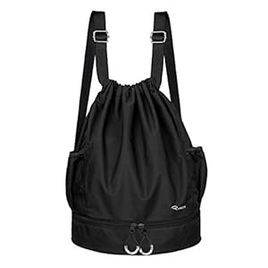 RYACO Drawstring Backpack Sports Gym Bag, Water Resistant String Sackpack Large Size with Zipper and Water Bottle Mesh…