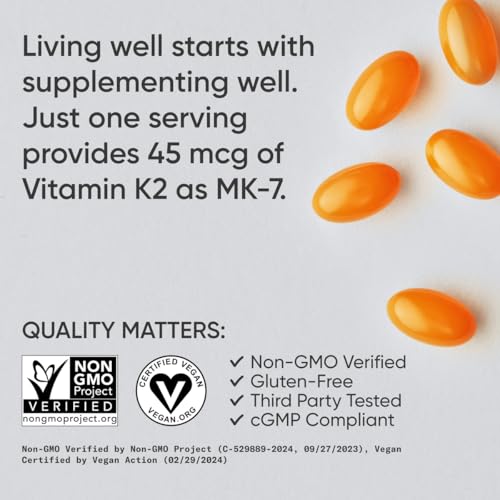 Image of Sports Research Low Dosage Vitamin K2 as MK-7 45mcg with Coconut MCT Oil - Vegan Certified, Non-GMO Verified & Gluten-Free - 90 Softgels