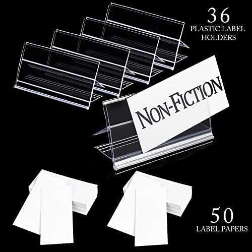 36pcs Wood Shelf Label Holder Plastic Price Tag Holder Supermarket Retail Sign PVC Clear Shelf Label Holder (Includes 50 Pieces Label Inserts) Perfect Fits 18 mm Wooden Shelving.
