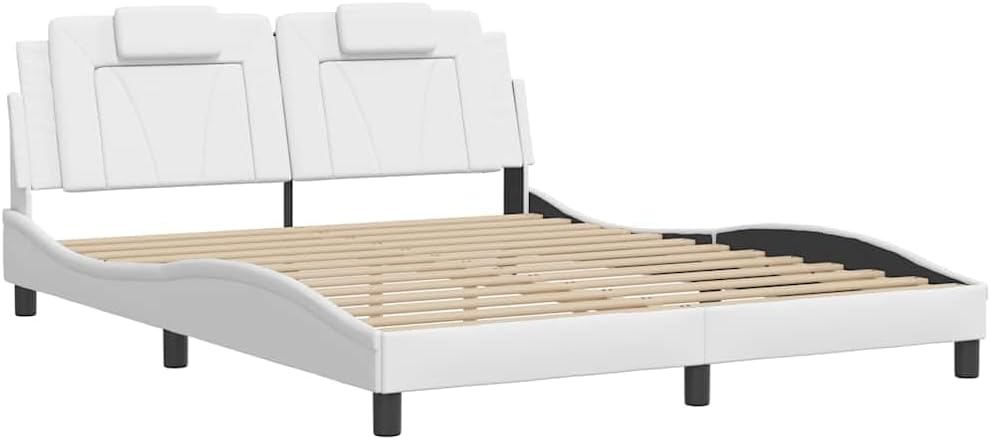 Bed Frame Viana White Faux Leather Platform Bed 59.8"x79.9" with Slatted Foundation and Headboard Sturdy Durable No-Box-Spring-Needed Modern Bedroom Furniture
