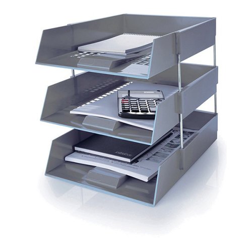 5 Star Grey A4 Plastic Letter File Trays, Including Risers. (3 Trays/2 Riser Sets)