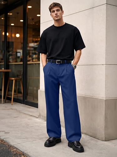 Image of JMIERR Mens Baggy Casual Dress Pants Lightweight Pleated Old Money Wide Leg Pants Loose Relaxed Fit Trousers