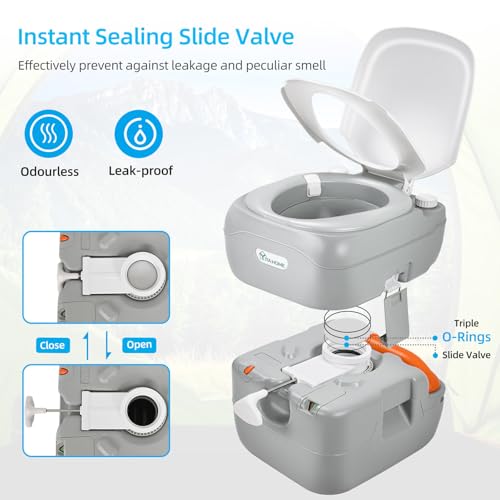 Image of YITAHOME Portable Toilet for Adults, 5.8 Gallon Camping Porta Potty with Carry Bag, Hand Sprayer, Level Indicator, Handle Pump and Leak-Proof, Indoor Outdoor Toilet for RV Travel, Boat, Hiking, Trips