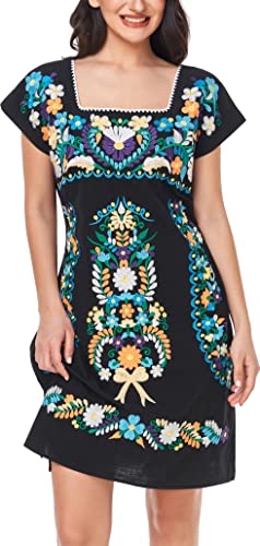 Image of YZXDORWJ Women Mexican Embroidered Dress Ruffle Collar Sleeveless