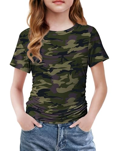 Arshiner Cute Short Sleeve Tops for Teen Girls Side Ruched Casual Crewneck Camo Blouse for Girls Fashion Tee 11-12 Years