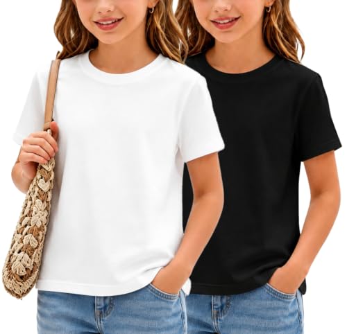 Yitoco 2 Pack Girls Short Sleeve Cotton T Shirts Kids Casual Crewneck Short Sleeve Summer Basic Tee Tops 5-16 Years (White/Black, 11-12 Years, YOSH01-W/B+2-150)