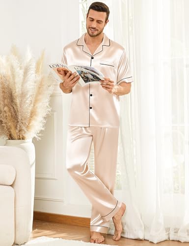 Image of SWOMOG Mens Silk Pajamas Set Satin Pj Set Short Sleeve Sleepwear Button Down Lounge Set with Drawstring & Pockets S-3XL