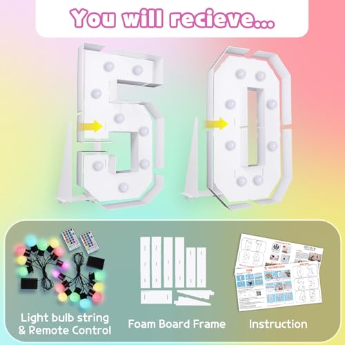 Image of Imprsv Colorful 3FT Marquee Numbers Light up Numbers 50 Birthday Decoration | RGB with Remote, Party Decorations Anniversary Wedding Decorations Assembly Required Foam Board 40 Pcs Accessory Set