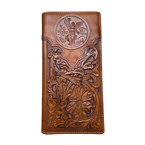Men’s Long Leather Wallet – Floral Laser Cut Rodeo Bifold with Embossed Mexico 50 Peso Coin Design – Western Vaquero Checkbook Wallet for Cowboys & Latino Gifts