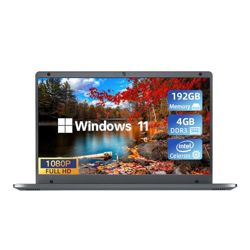 Waxuor Ordenador Portátil 14,1 Pulgadas Win11 PC Portátil, 4GB DDR3 192GB SSD, Celeron Quad Core, FHD IPS Pantalla 1920x1080, WiFi,Bluetooth - Gris