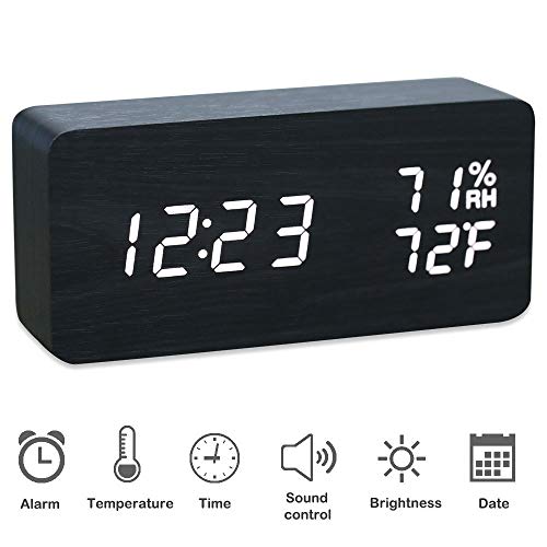 JCHORNOR Wooden Alarm Clock,Digital LED Clock with 3 Levels Adjustable Brightness with Time