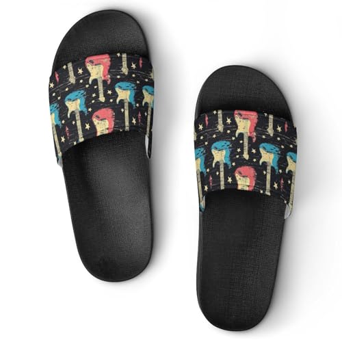 Rock Music with Colorful Guitar PVC Slippers Sandals for Women Men Open Toe Soft Cushioned Non-Slip Sandal for Indoor Outdoor