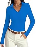 Aottori Camiseta Polo Mujer Manga Larga Slim Fit Cuello V Elegante Básico Elástica Cómoda Ropa Casual Oficina Tops Ligeros de Punto para Primavera Otoño Azul Real M