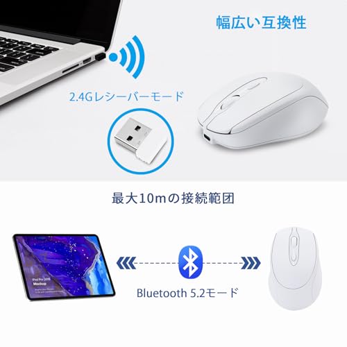 PiMivcoマウス 無線 ワイヤレスマウス Bluetooth 充電式 静音 デュアルモード2.4GHz 4ボタン 3段階DPI切替 パソコン Windows/Mac/iOS/iPadOS/Chrome/Android対応 (ホワイト)