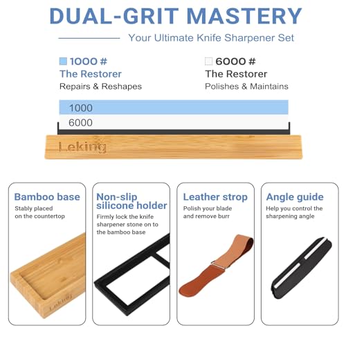 Leking Professional Knife Sharpener & Sharpening Stone Set: 1000/6000 Grit Dual-Sided Whetstone(7"x2.4"x1.2") with Bamboo Base, Non-Slip Silicone Holder, Angle Guide & Leather Strop Kit by Leking - Image 2